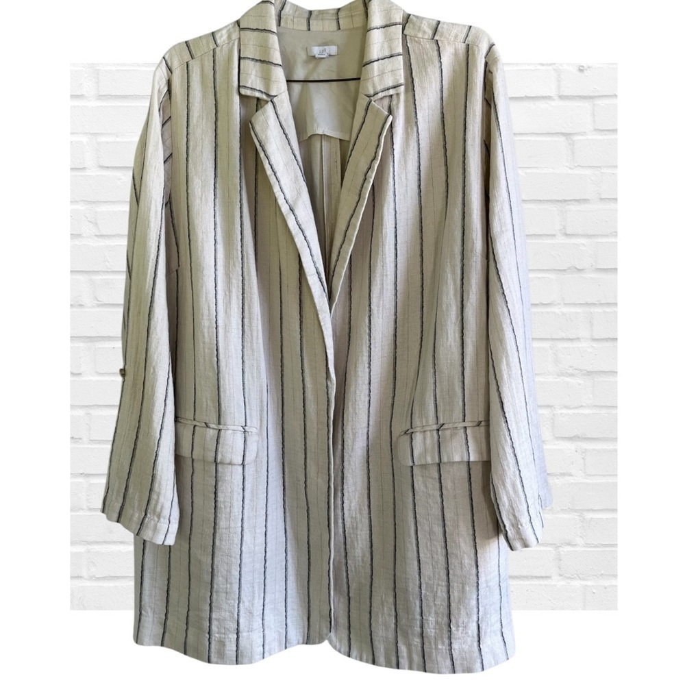 J Jill Linen Cotton Blend Open Front Blue Cream Striped Jacket Lagenlook 2X Plus